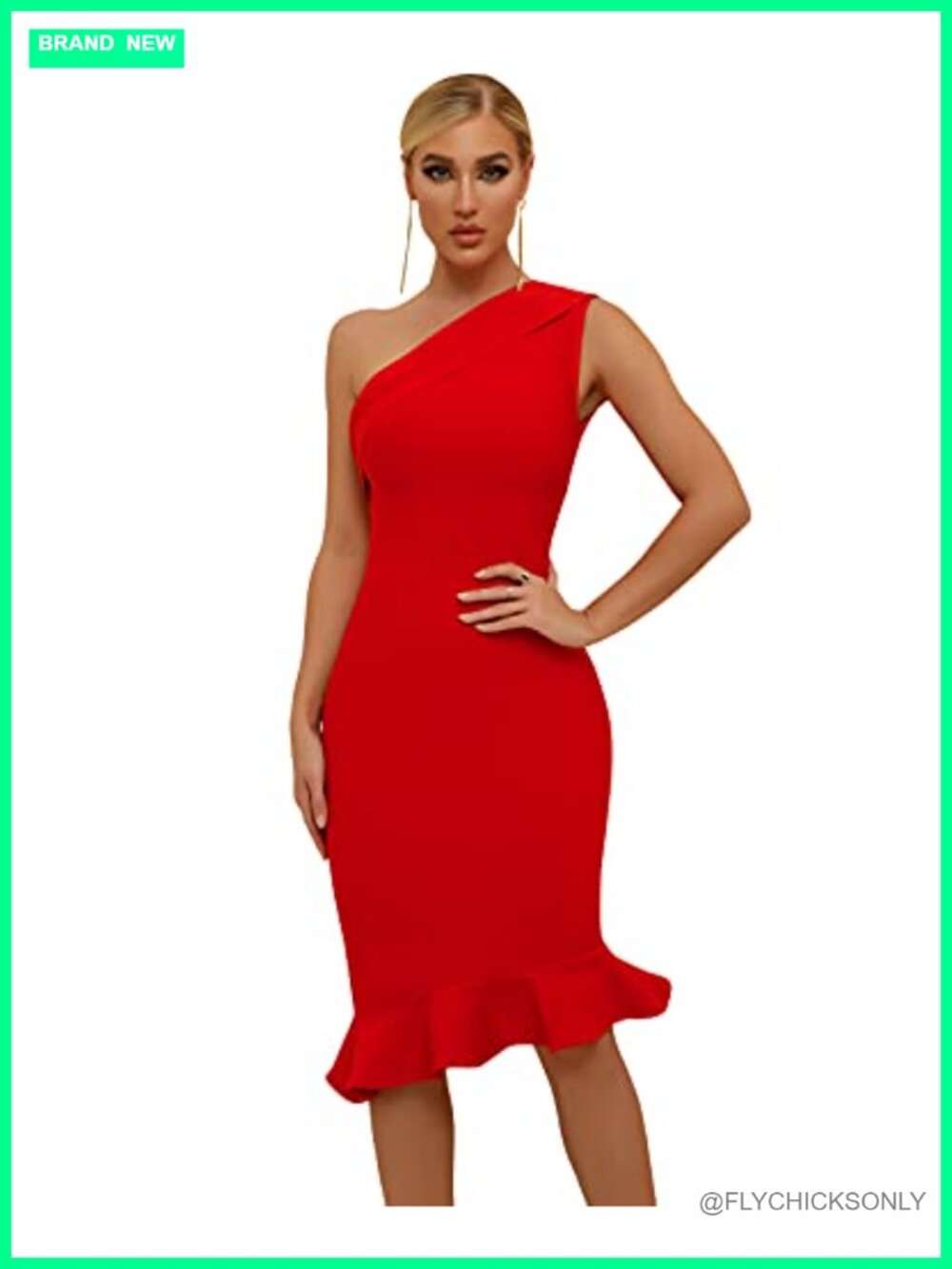 One Shoulder Bandage Bodycon Mermaid Cocktail Midi Dress Polyester Elastane